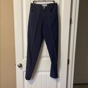 Navy Silk-like Trousers with Embroided Square dot pattern